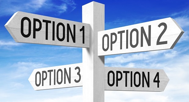 White wooden signpost with four arrows - "option 1", "option 2", "option 3", "option 4".